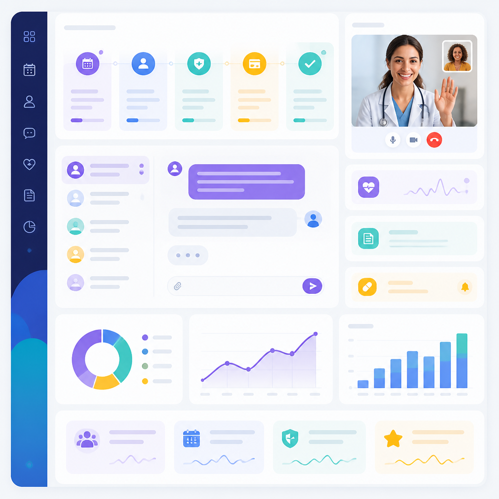 Abstract healthcare service dashboard illustration representing scheduling, follow-up, and ongoing support.