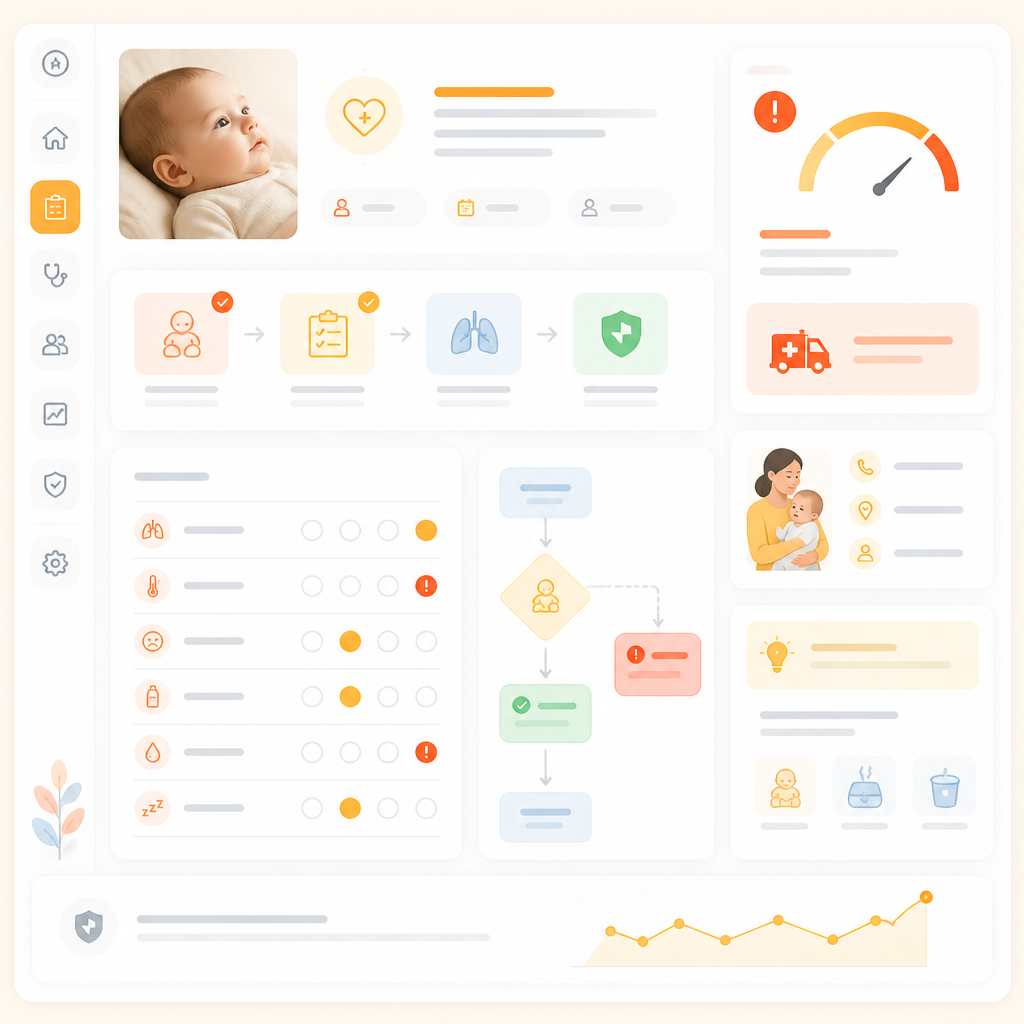 Abstract triage dashboard illustration representing urgent infant evaluation guidance.