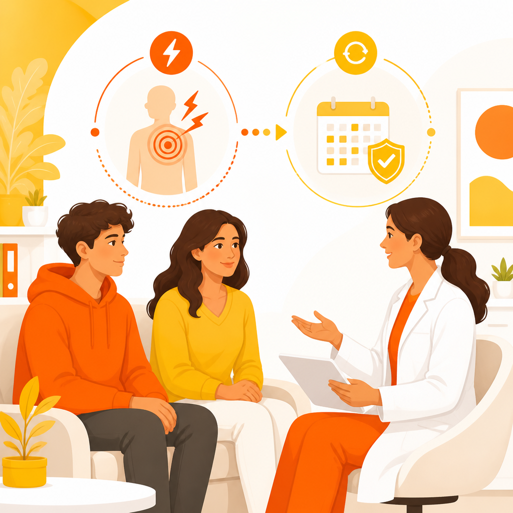 Illustration of a family discussing acute versus chronic illness care for a teen and parent.