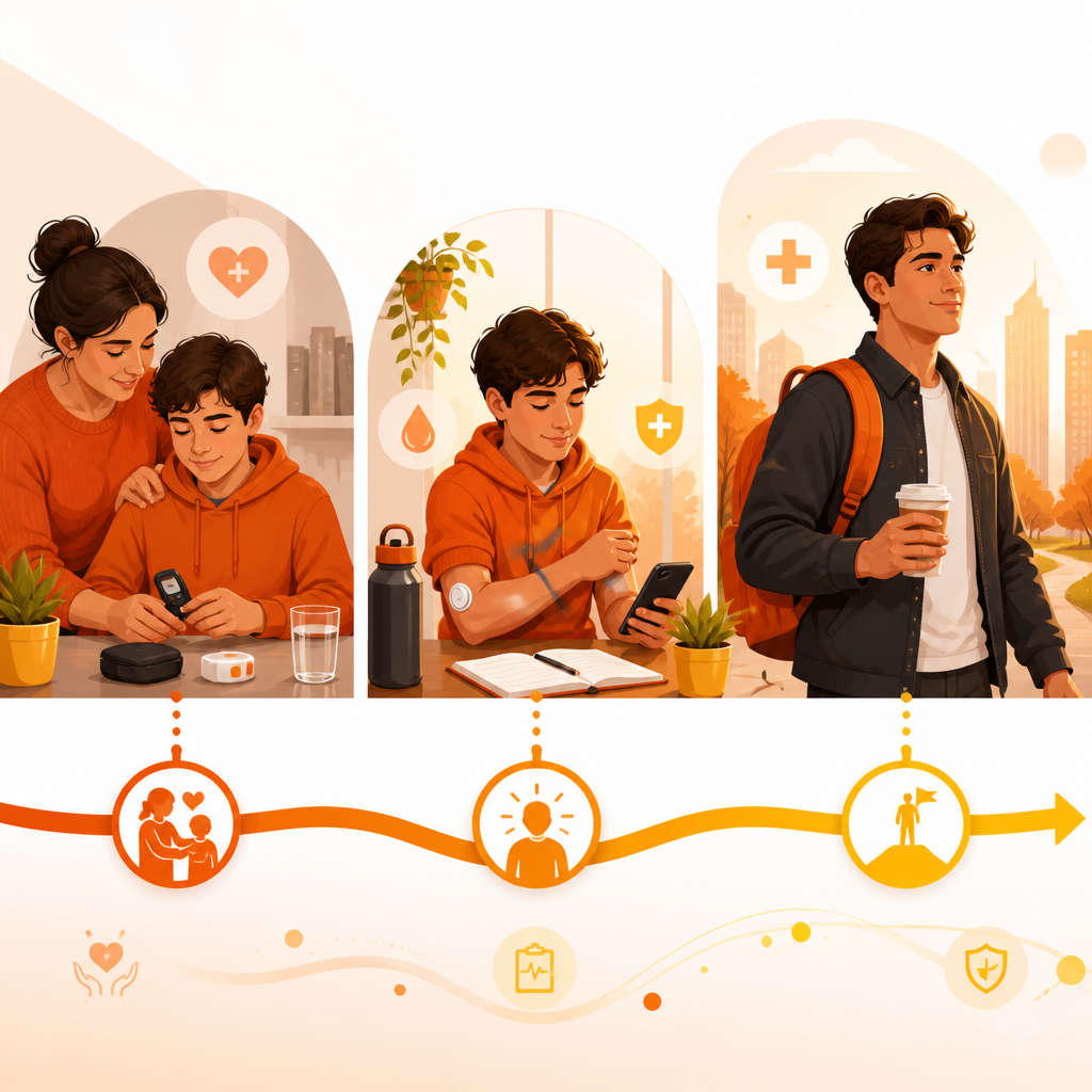 Illustration showing age-and-stage guidance as a teen grows toward self-management and independence.