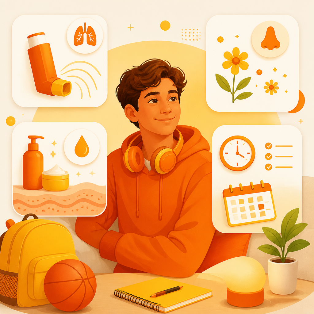 Illustration of ongoing chronic condition care and monitoring for teens and young adults.