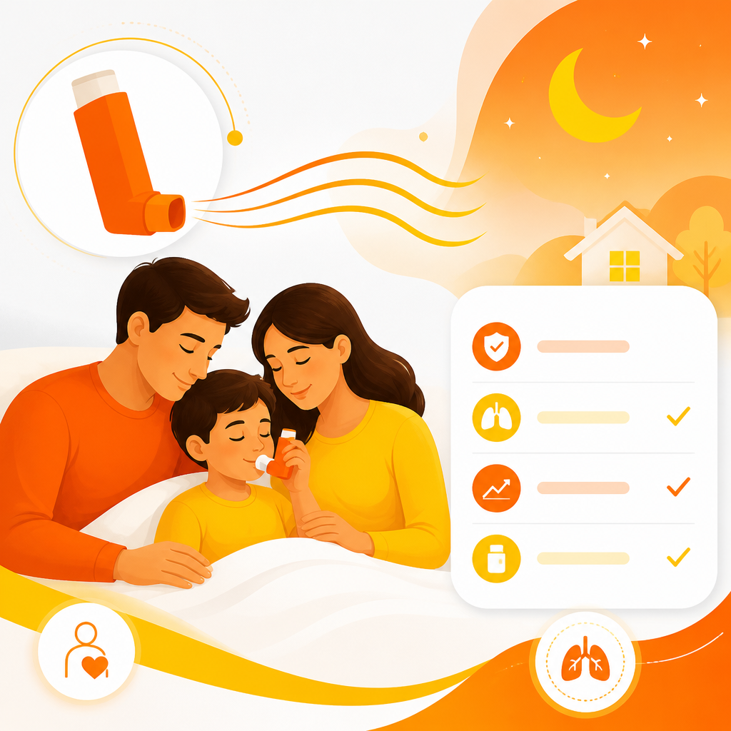 Illustration representing asthma care for families, including day-to-day control, trigger reduction, and flare prevention guidance.