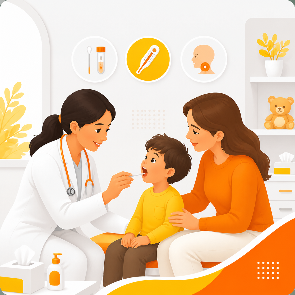 Illustration representing same-day pediatric care for acute symptoms like colds, flu, fever, sore throats, and ear infections.