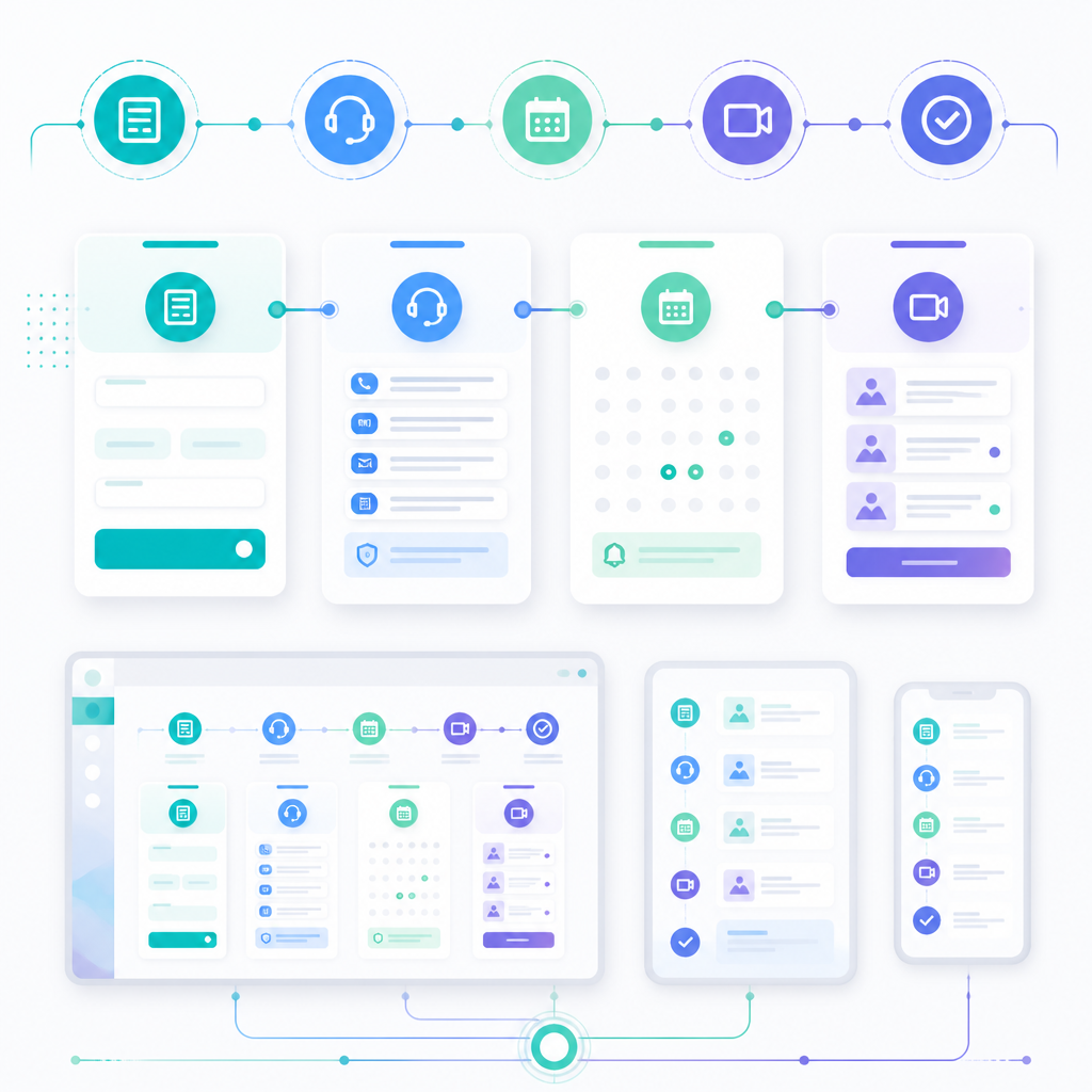 Abstract illustration showing a multi-step visit request process with workflow cards.