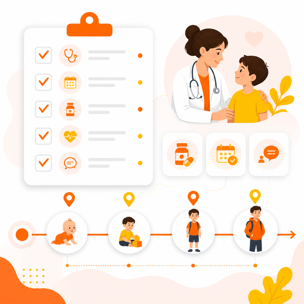 Illustration representing ongoing chronic pediatric condition management with follow-ups, medication support, and long-term planning.