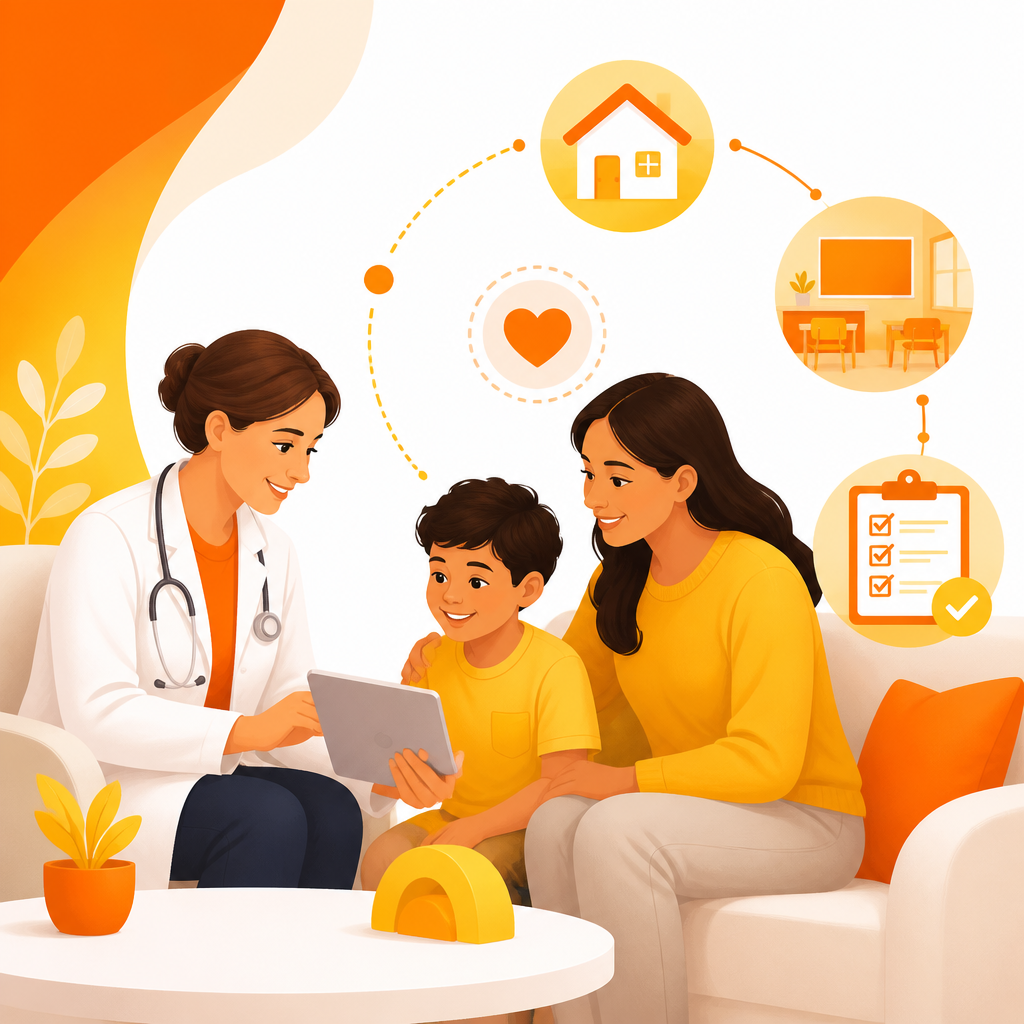Illustration of a caring pediatric team supporting parents through ADHD and developmental concerns.