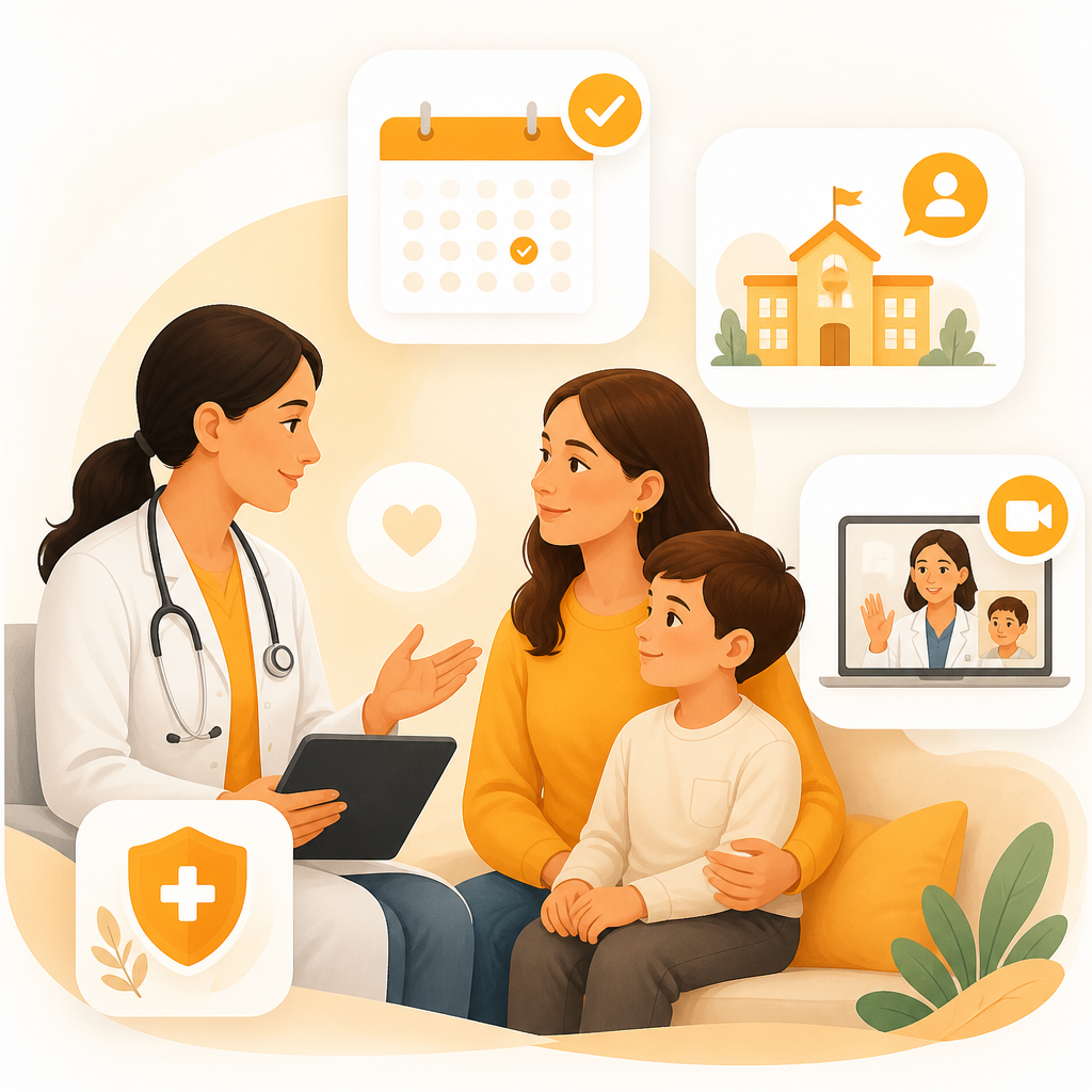 Illustration of family-centered pediatric ADHD care with ongoing follow-ups and support.