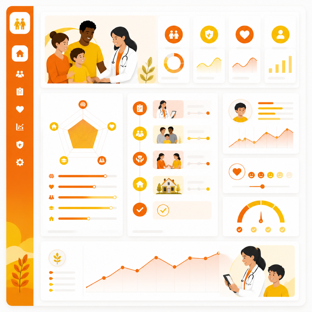 Abstract dashboard illustration representing family-centered developmental care workflow and monitoring.