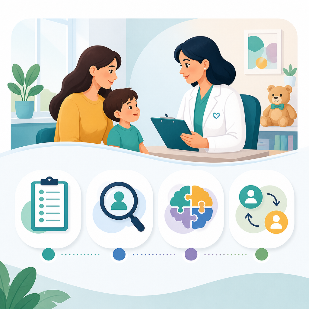 Illustration representing the steps of a developmental and behavior visit for children.