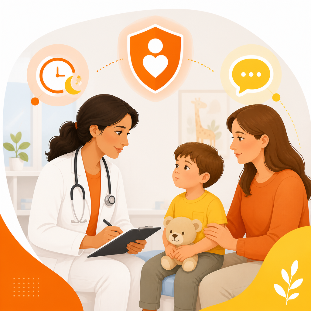 Illustration showing red-flag warning signs prompting parents to call their pediatrician.