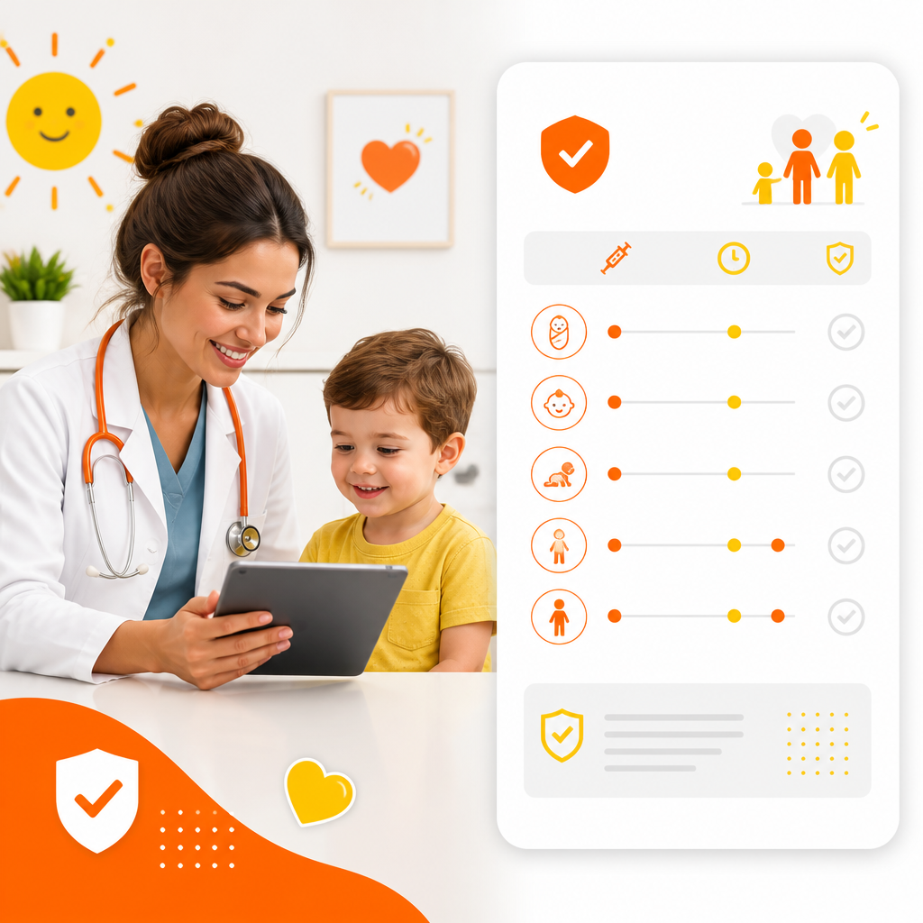 Illustration of a pediatric clinician reviewing a catch-up immunization schedule checklist.