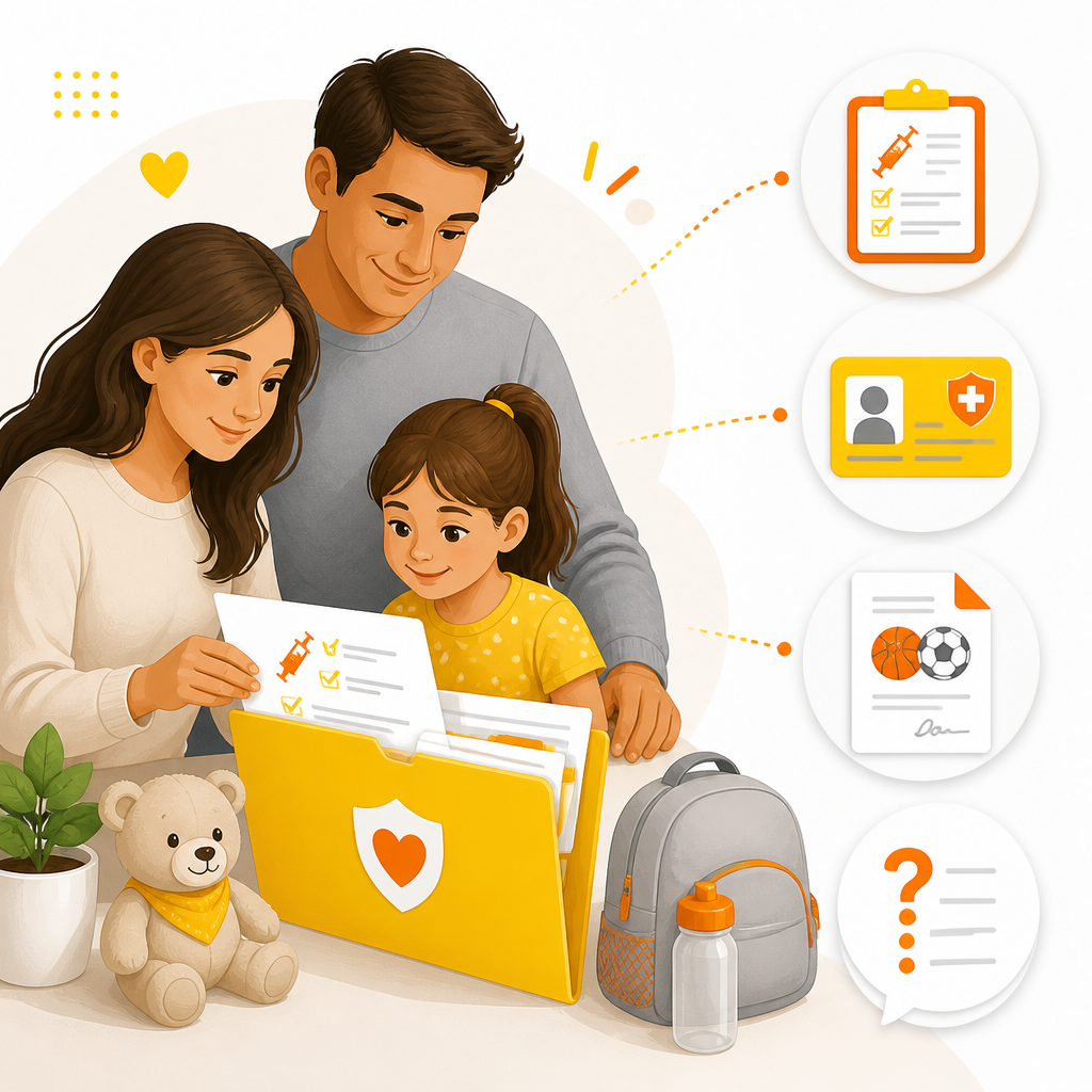 Illustration showing what to bring to a child’s catch-up vaccine appointment—records folder, ID/insurance, forms, and a question checklist.
