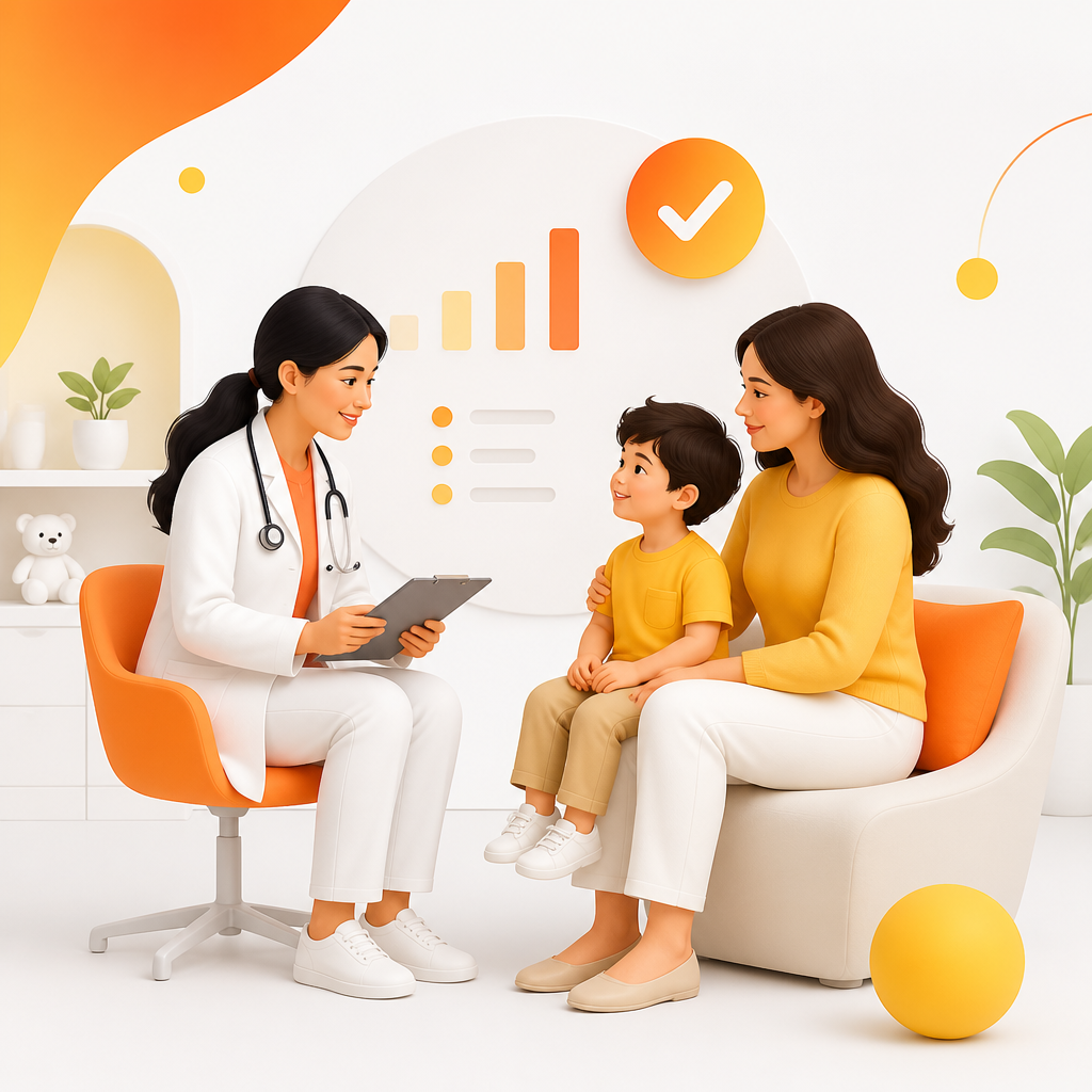 Illustration of a calm pediatric appointment focused on parent questions and vaccine guidance