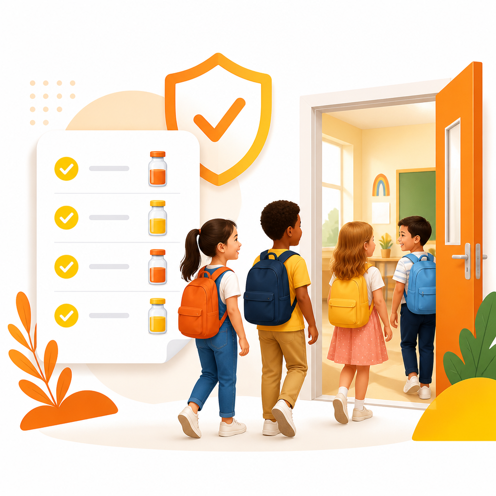 Illustration of back-to-school immunizations helping protect students and families