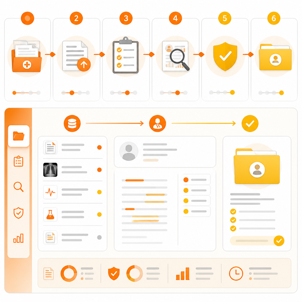 Abstract dashboard illustration representing a step-by-step immunization process workflow.