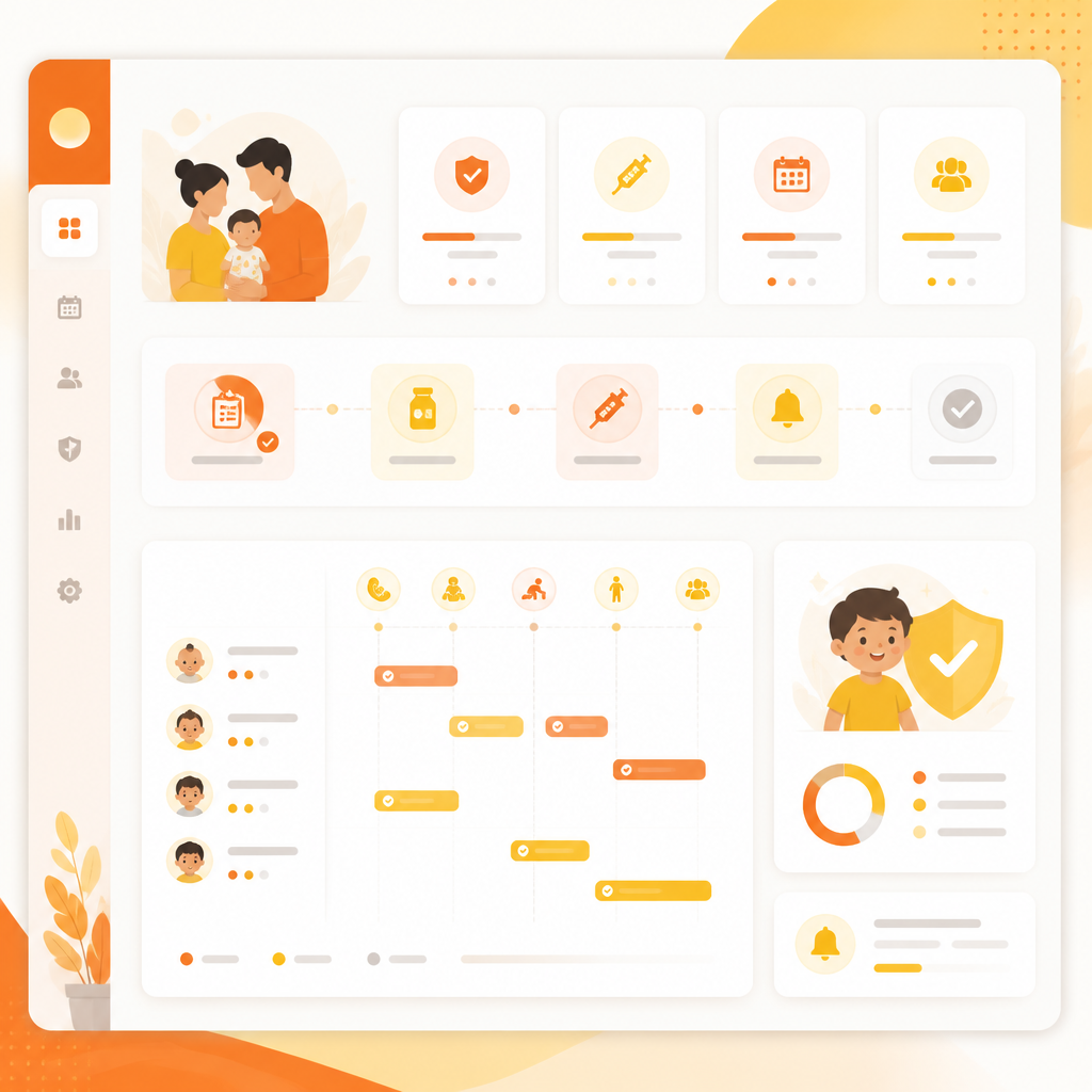 Modern illustration representing a vaccine schedule planning workflow for school-age children.