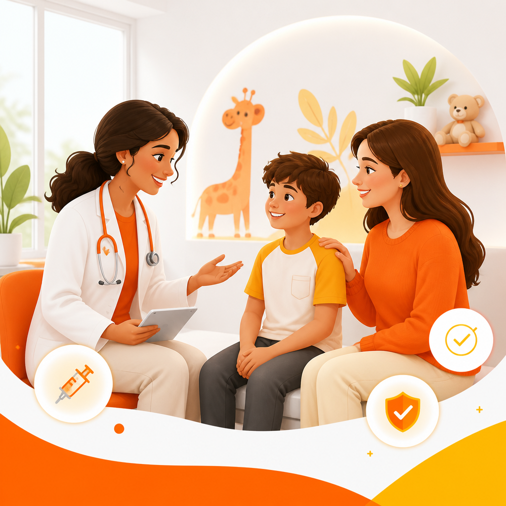 Illustration representing family-centered preventive care and supportive pediatric visits.