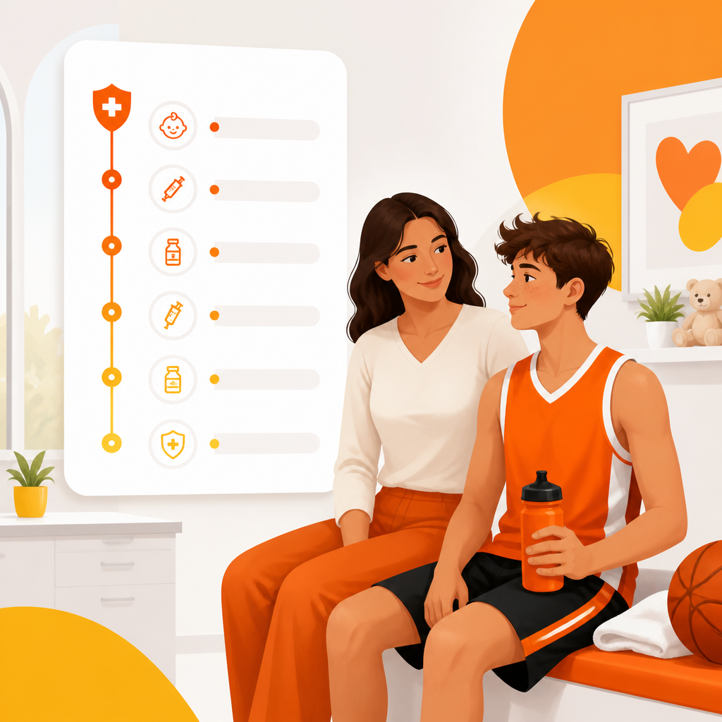 Illustration representing staying on the CDC vaccine schedule for school and sports.