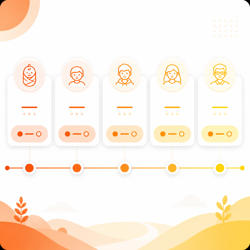Illustration of a CDC-style childhood vaccine schedule timeline from early childhood through teen years.