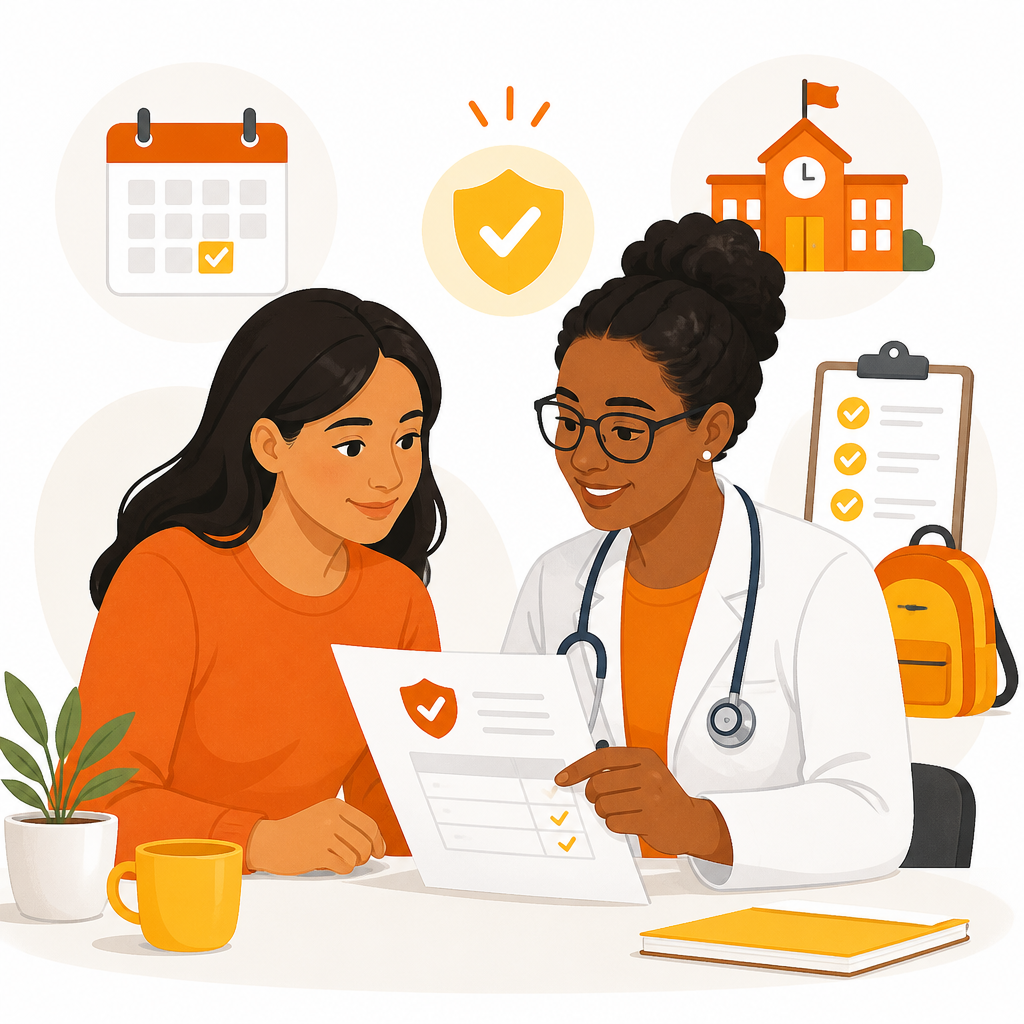 Illustration of a pediatric team helping a parent review immunization records for school, daycare, sports, camp, and travel.