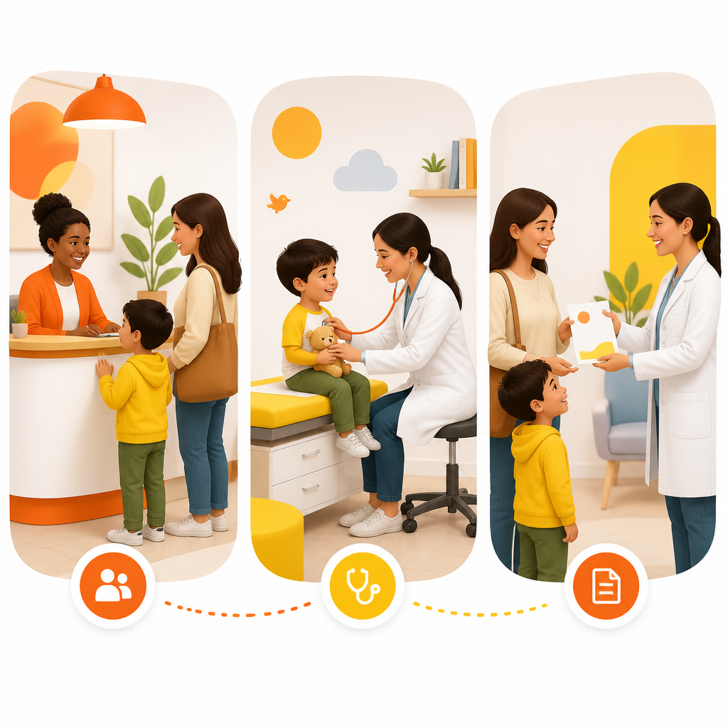 Illustration of a calm pediatric visit process with guidance and immunization documentation after the appointment.