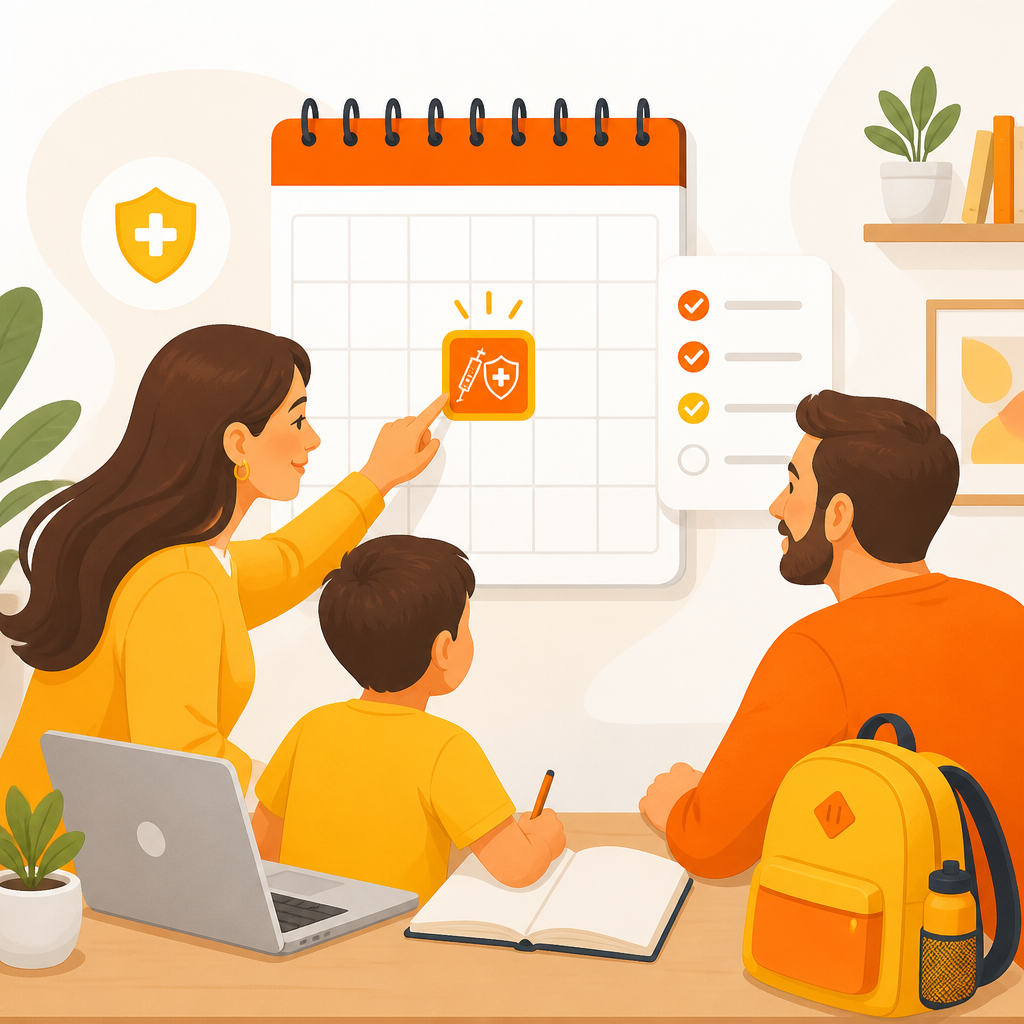 Illustration representing a vaccine check-in planned like a calendar event for back-to-school readiness.