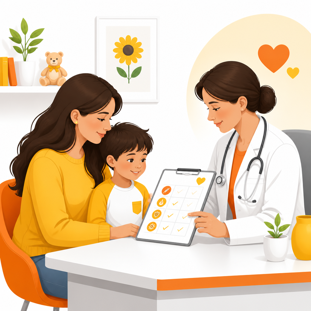 Illustration of a family reviewing immunization records during a pediatric well visit.