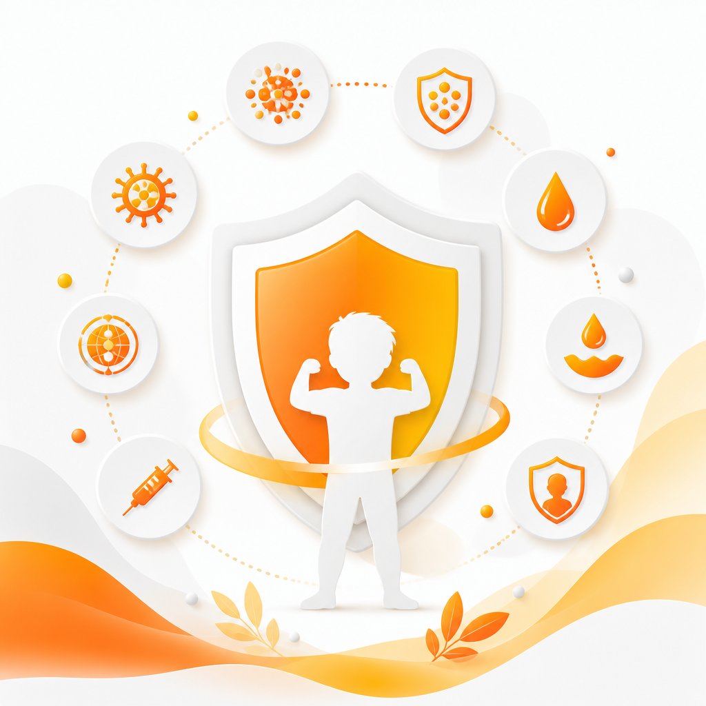Illustration representing routine childhood vaccines with protective health symbols.