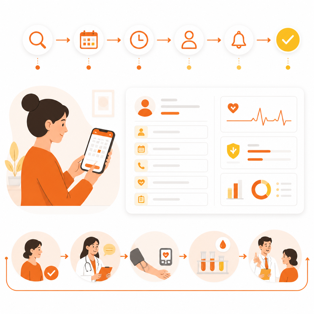 Abstract illustration representing an appointment process and post-vaccine guidance.