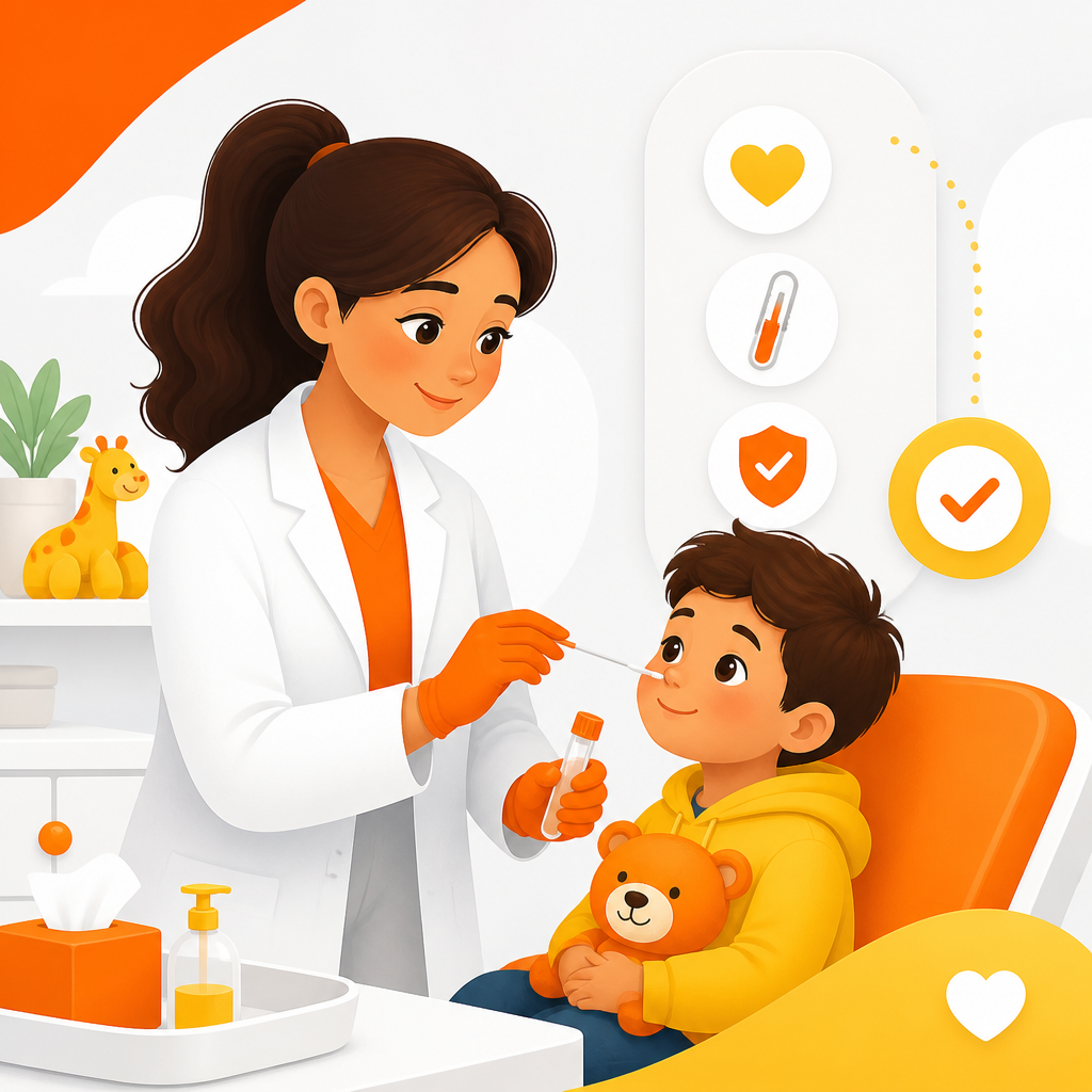 Illustration of a family-friendly cold/flu testing experience with a nasal swab and care plan icons.