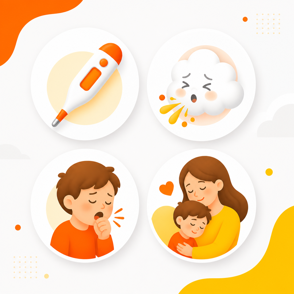 Illustration of kid-friendly icons representing cold, flu, and other respiratory illness symptoms.