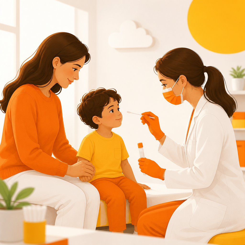 Parent and child in a pediatric clinic setting related to cold vs flu testing after flu exposure.