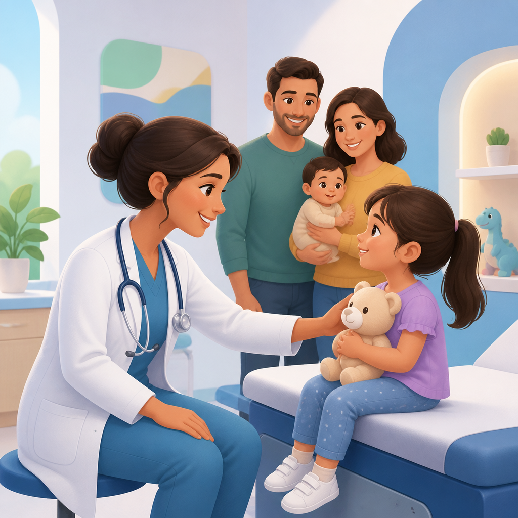 Illustration of a welcoming family-centered pediatric care environment representing Powers Pediatrics in Orlando.