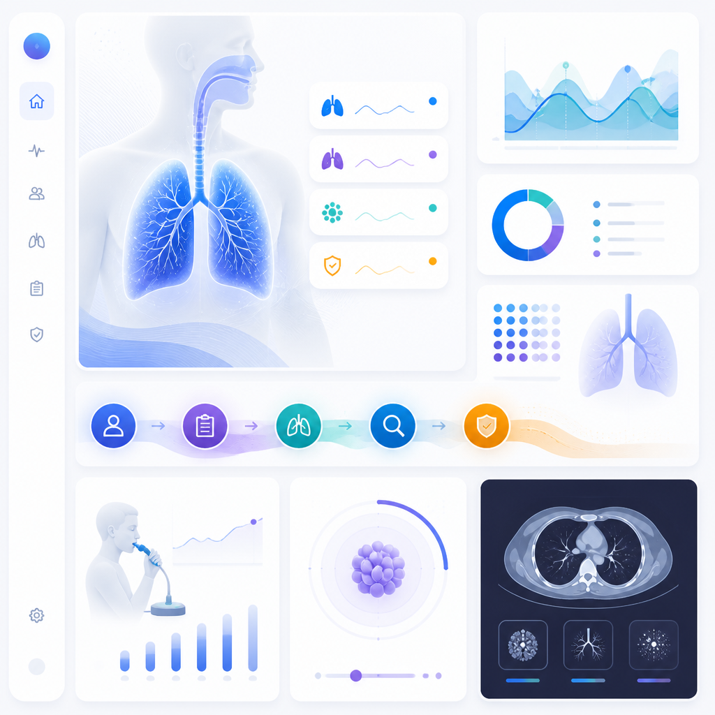 Abstract premium dashboard-style illustration representing cold, flu, RSV, and bronchiolitis symptom patterns and diagnostic workflow.