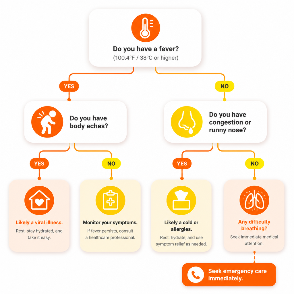 Decision tree illustration showing symptom-based guidance for cold vs flu.