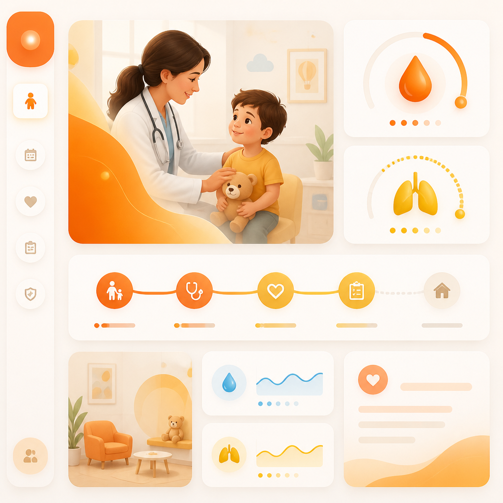 Abstract premium dashboard-style illustration representing a calm, child-centered pediatric visit flow and follow-up guidance.