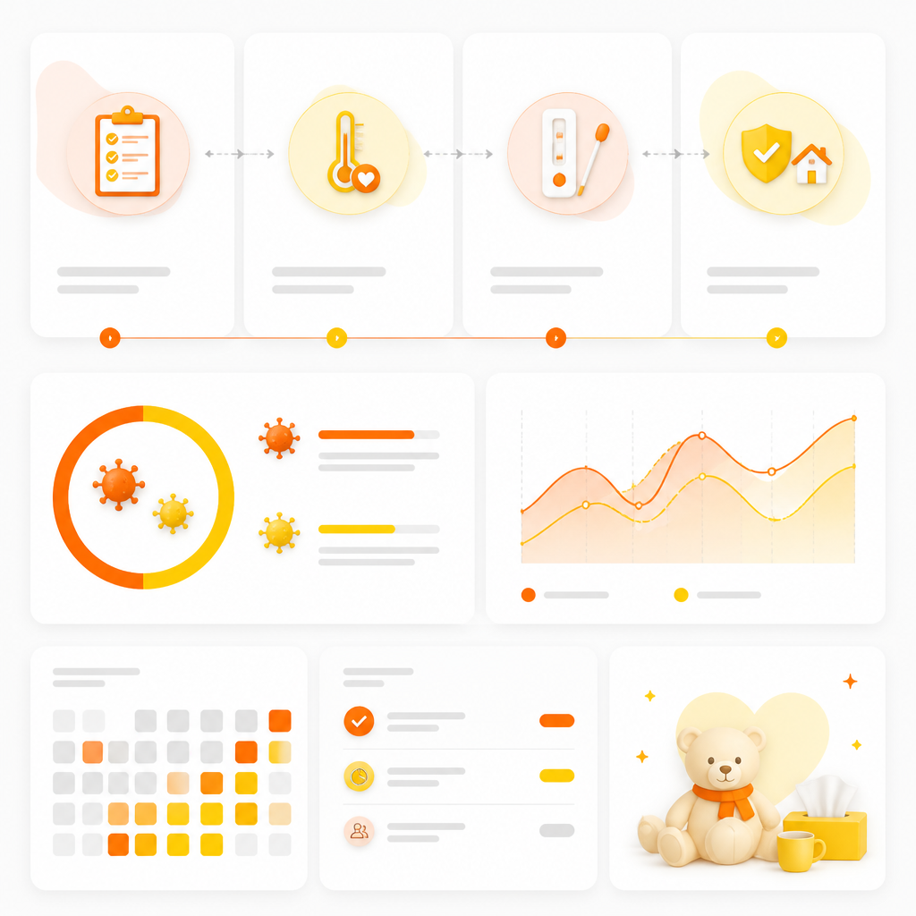 Abstract illustration of a clean pediatric testing workflow with cards and panels.