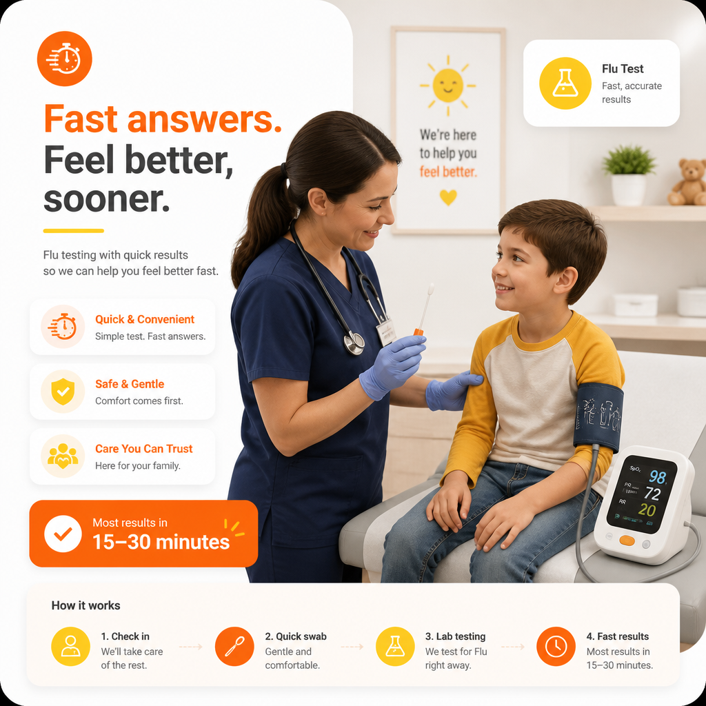 Pediatric clinician performing a flu testing check in a comfortable exam room.
