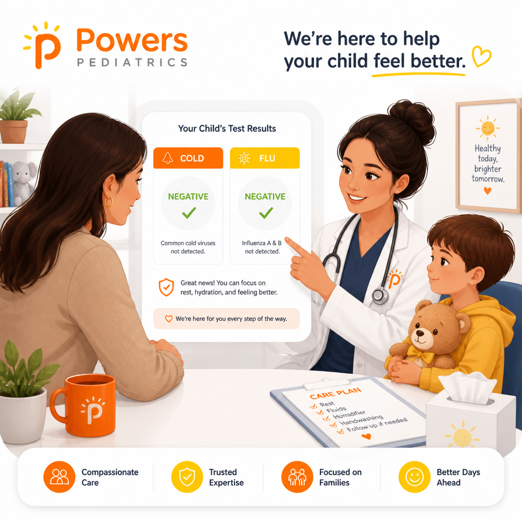 Parent and pediatric clinician reviewing cold vs flu testing results in a bright clinic setting.