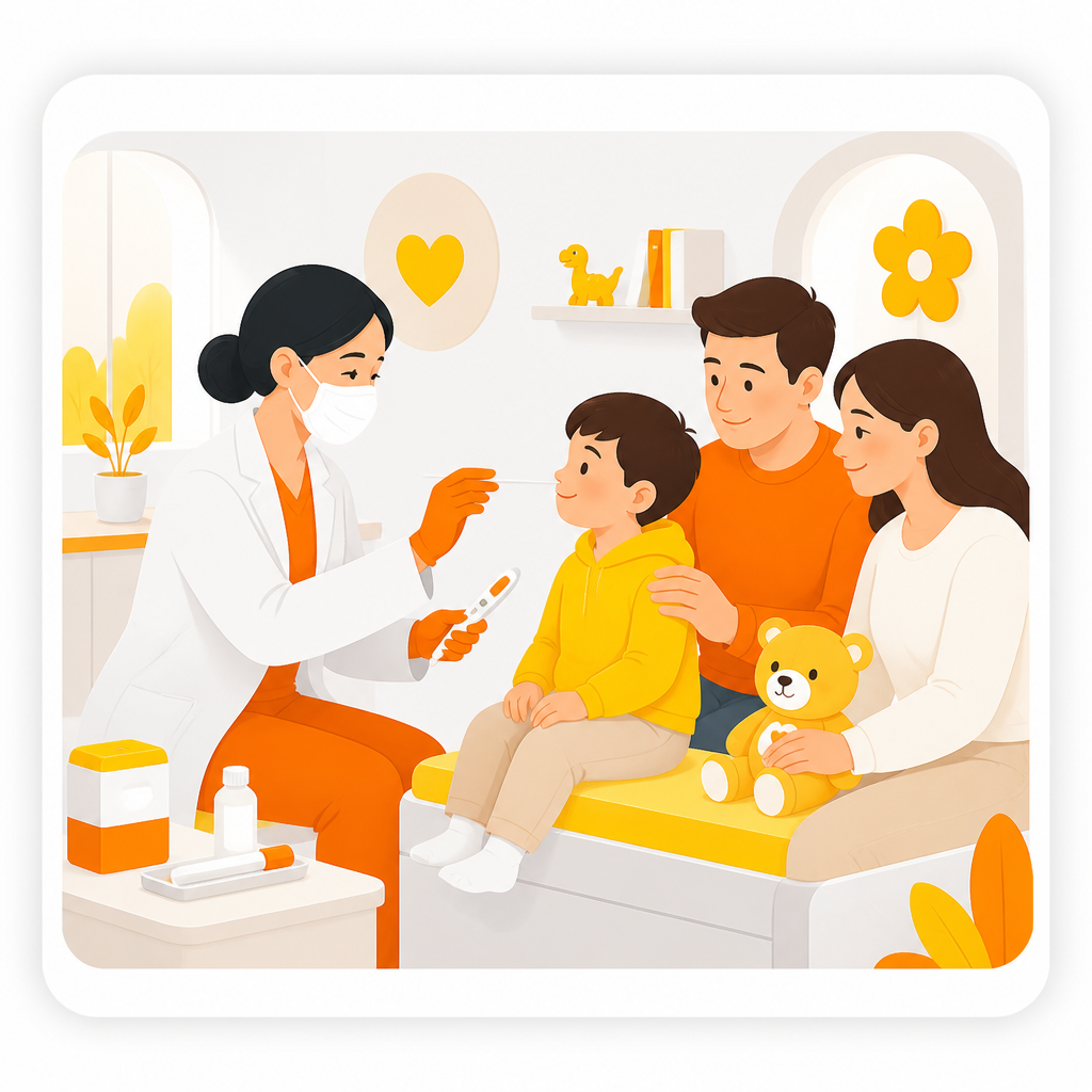 Illustration of a family-friendly pediatric testing visit for cold and flu.