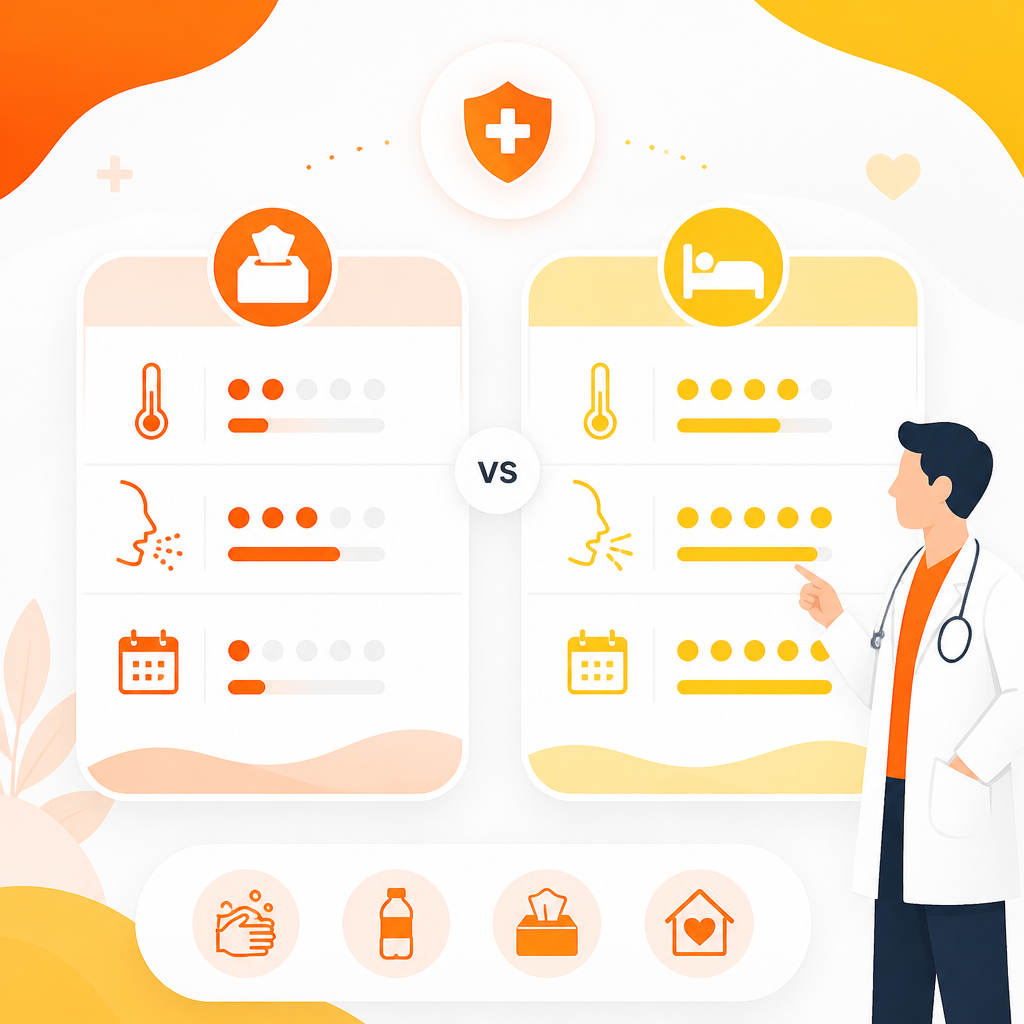Illustration comparing cold vs flu symptoms for teens, using soft modern medical icons.