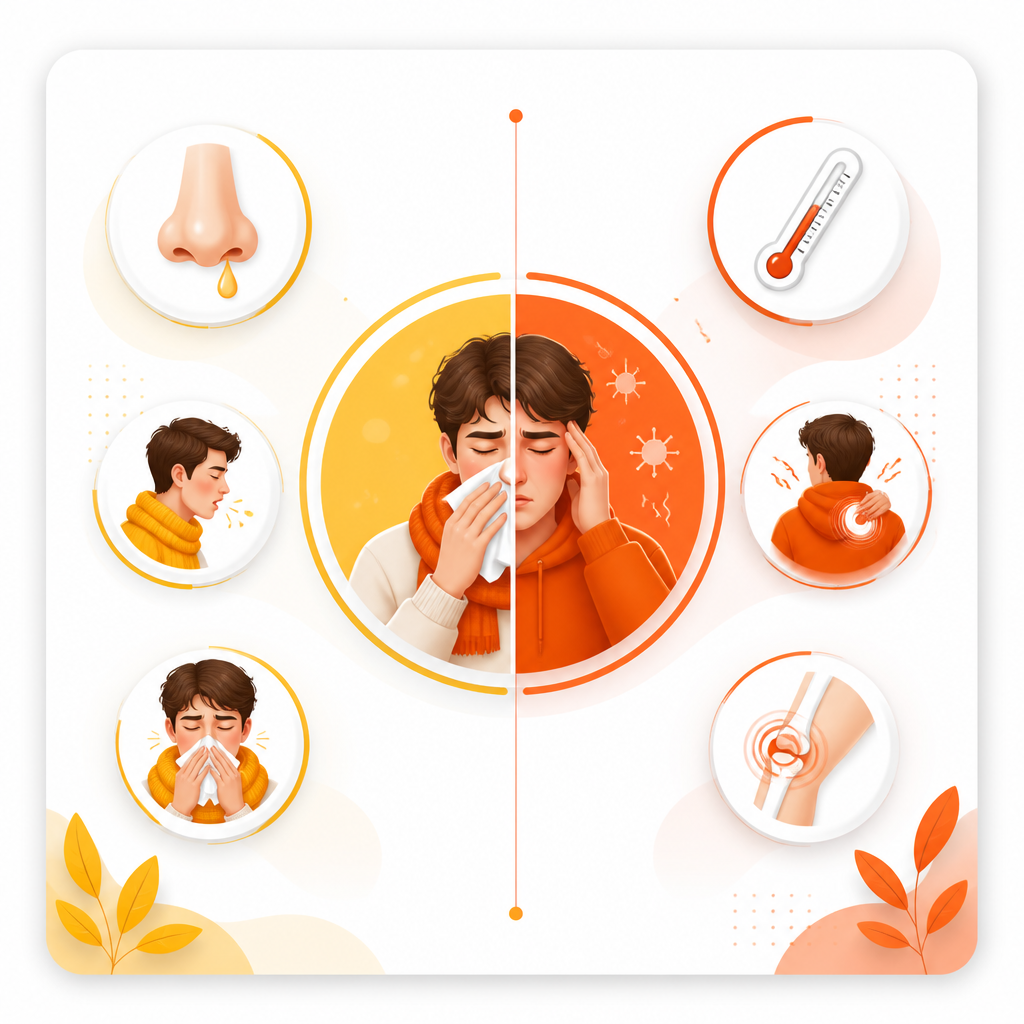 Illustration comparing cold versus flu symptom patterns.