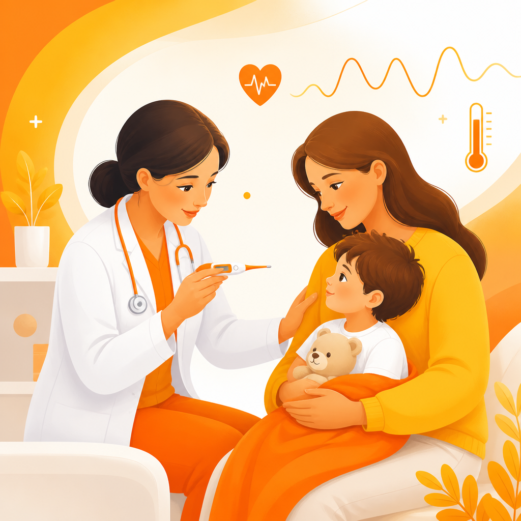 Illustration representing fever symptoms guidance from a pediatric provider to a parent.