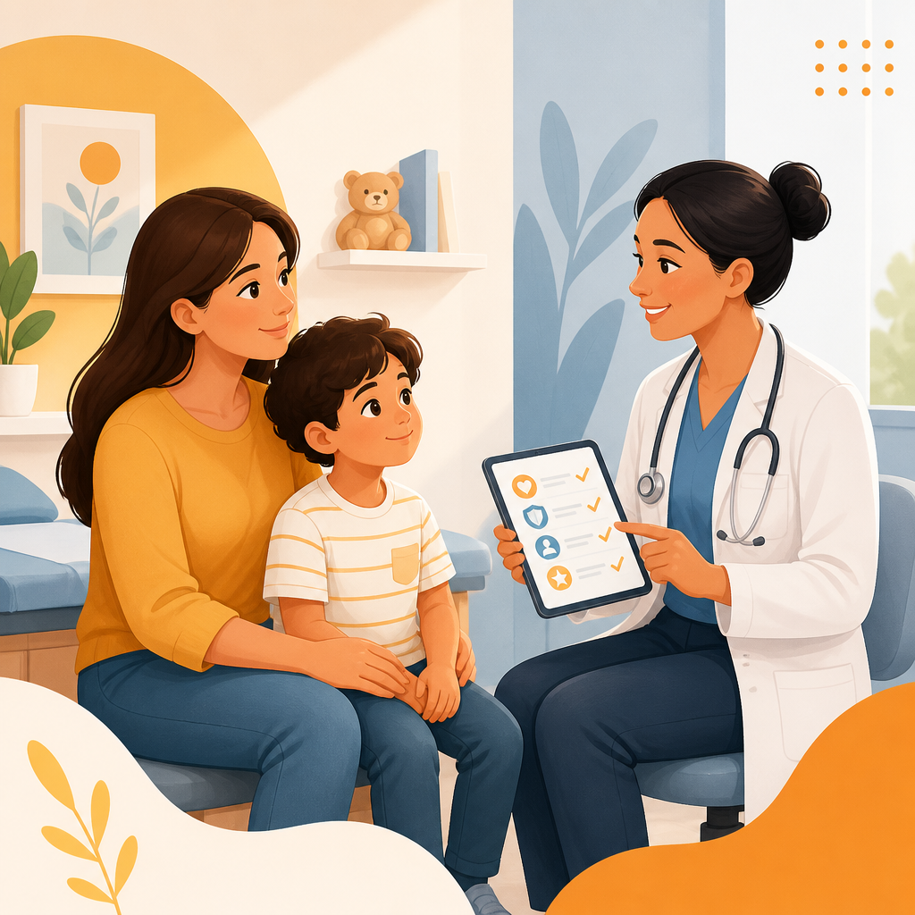 Illustration of a family preparing for a pediatric sick visit with clear next steps.