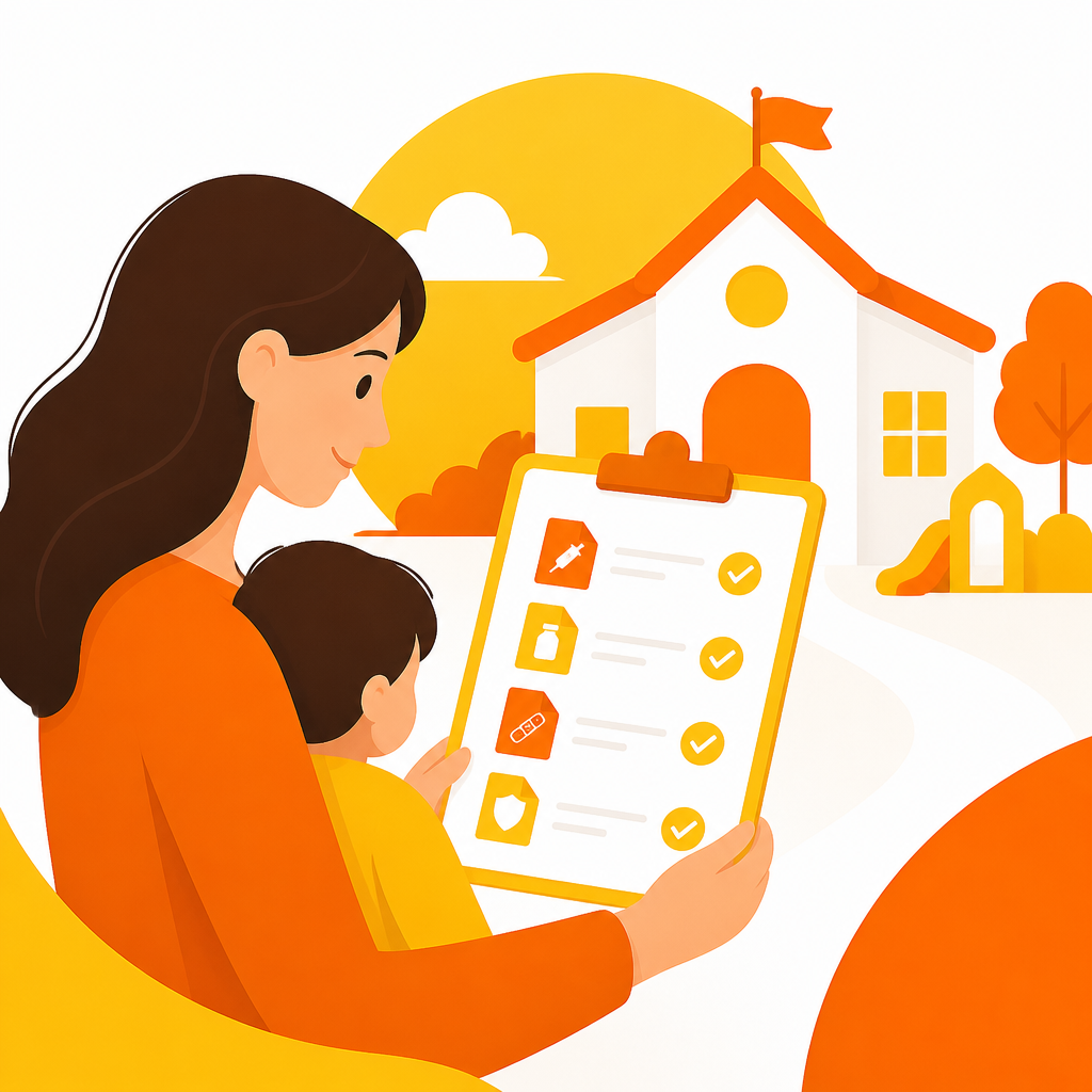 Illustration showing a step-by-step immunization checklist being prepared for daycare enrollment.