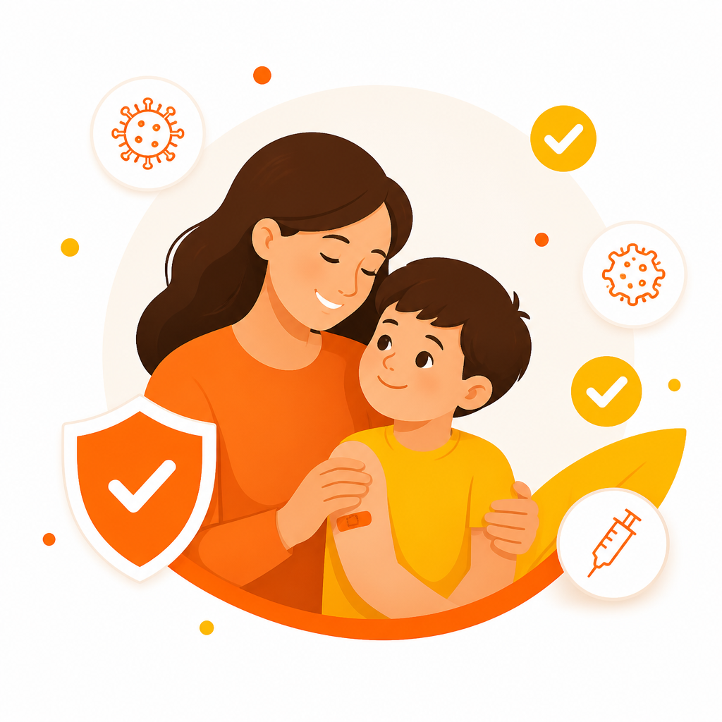 Illustration representing routine immunizations helping protect children and families from preventable diseases.