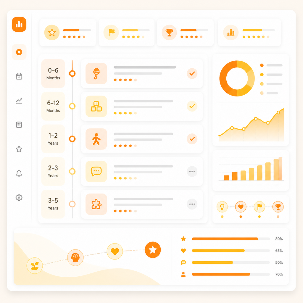 Abstract illustration of a milestone timeline dashboard with structured panels for infant development tracking.