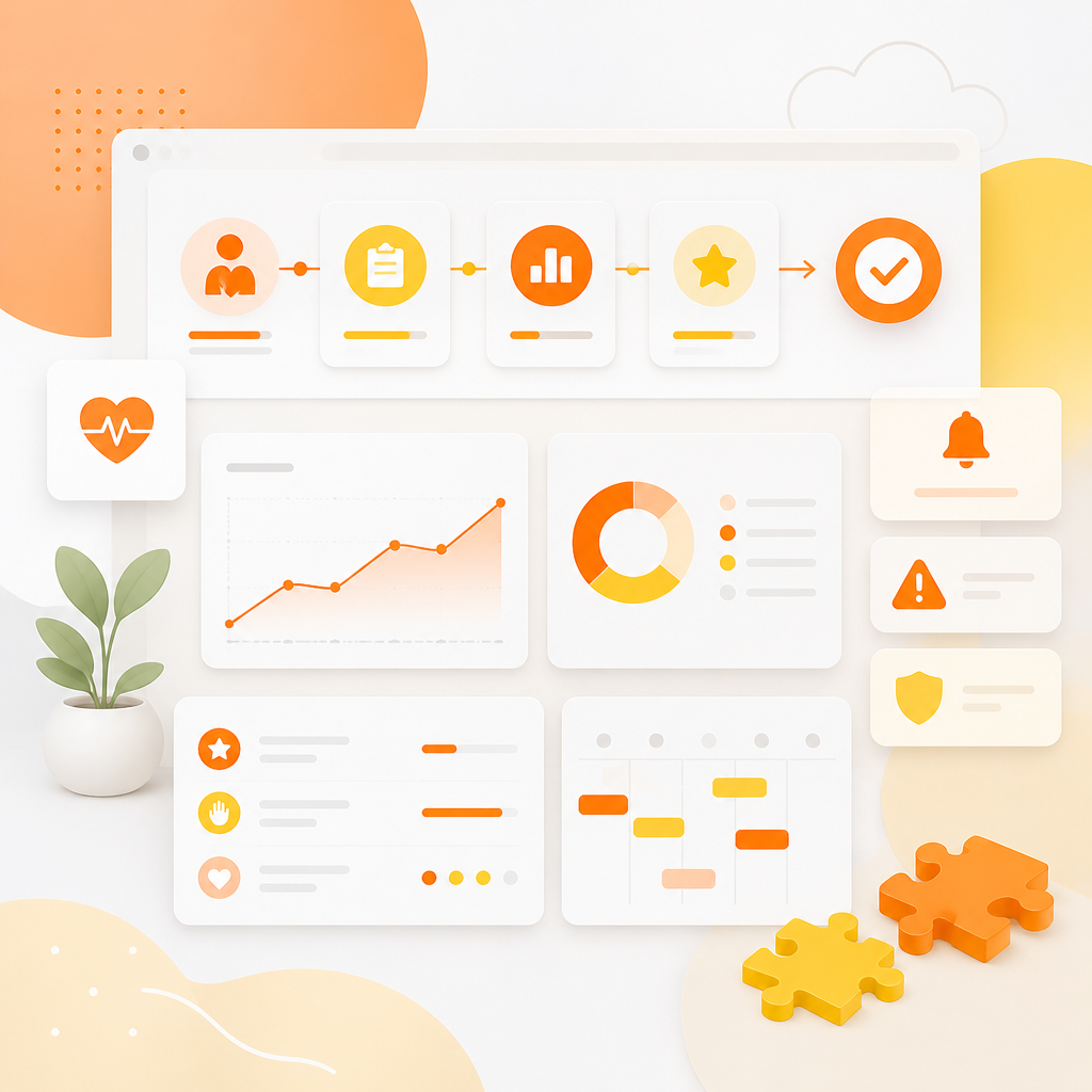 Abstract dashboard-style illustration showing alert indicators and workflow cards for developmental concerns.