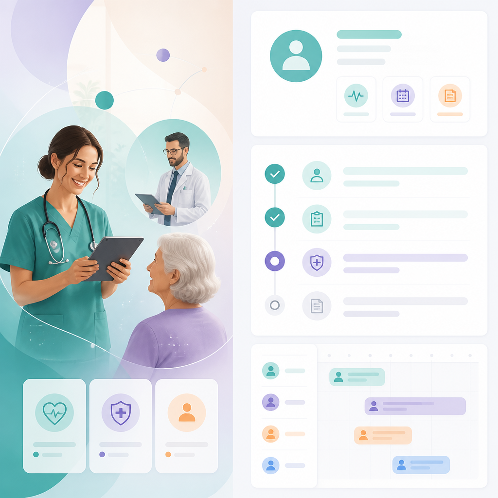 Abstract modern illustration showing a developmental visit workflow and scheduling dashboard panels.