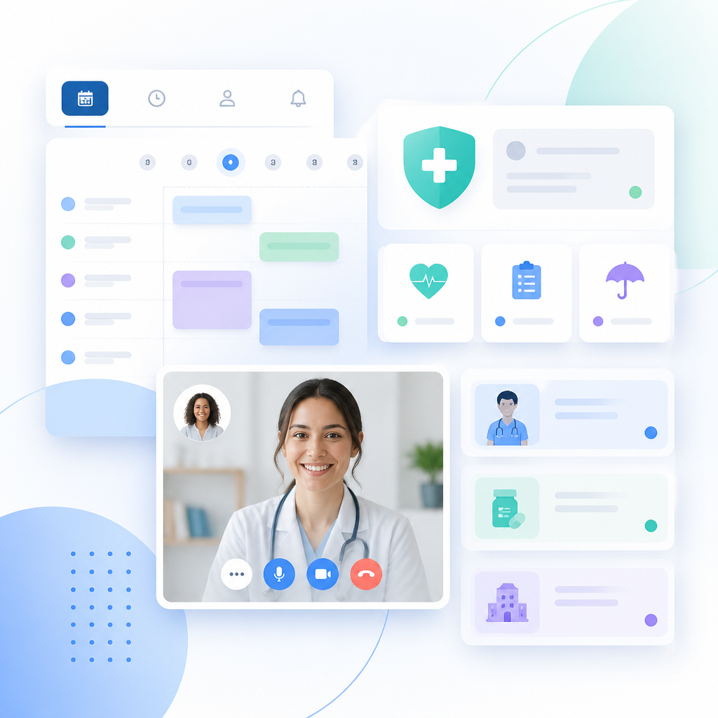 Abstract illustration representing appointment options, access tiles, and telemedicine modules.